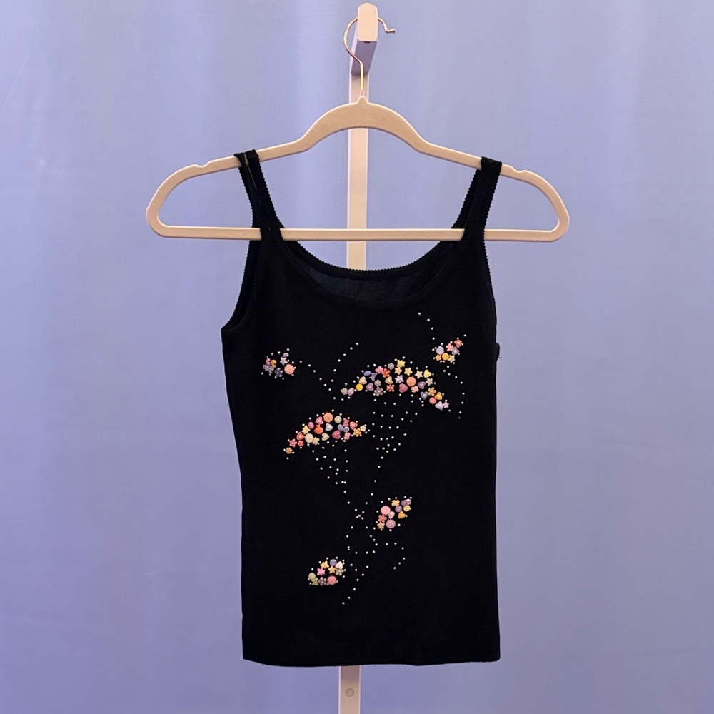 Floral Embellished Black Tank Top - S